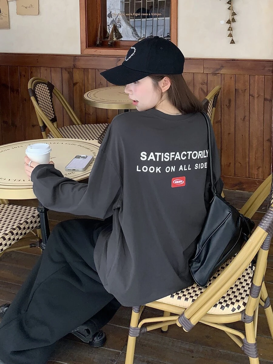 DAZY Women's Slogan Print Crew Neck Long Sleeve Casual T-Shirt - Grey - View 1
