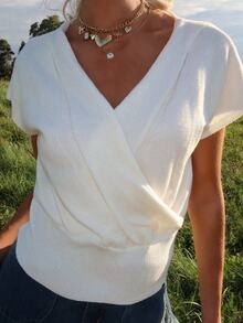 Sydney Algeri Women's Solid Color Overlap V-Neck Cap Sleeve Casual Knit Top - Apricot - View 6
