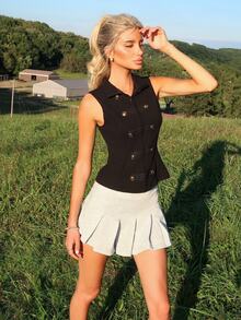 Sydney Algeri Rompi Wanita Elegan Gaya Vintage Preppy Bisnis Minimalis dengan Desain Kancing - Hitam - View 4