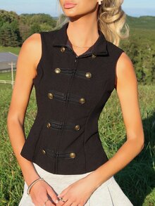 Sydney Algeri Rompi Wanita Elegan Gaya Vintage Preppy Bisnis Minimalis dengan Desain Kancing - Hitam - View 3
