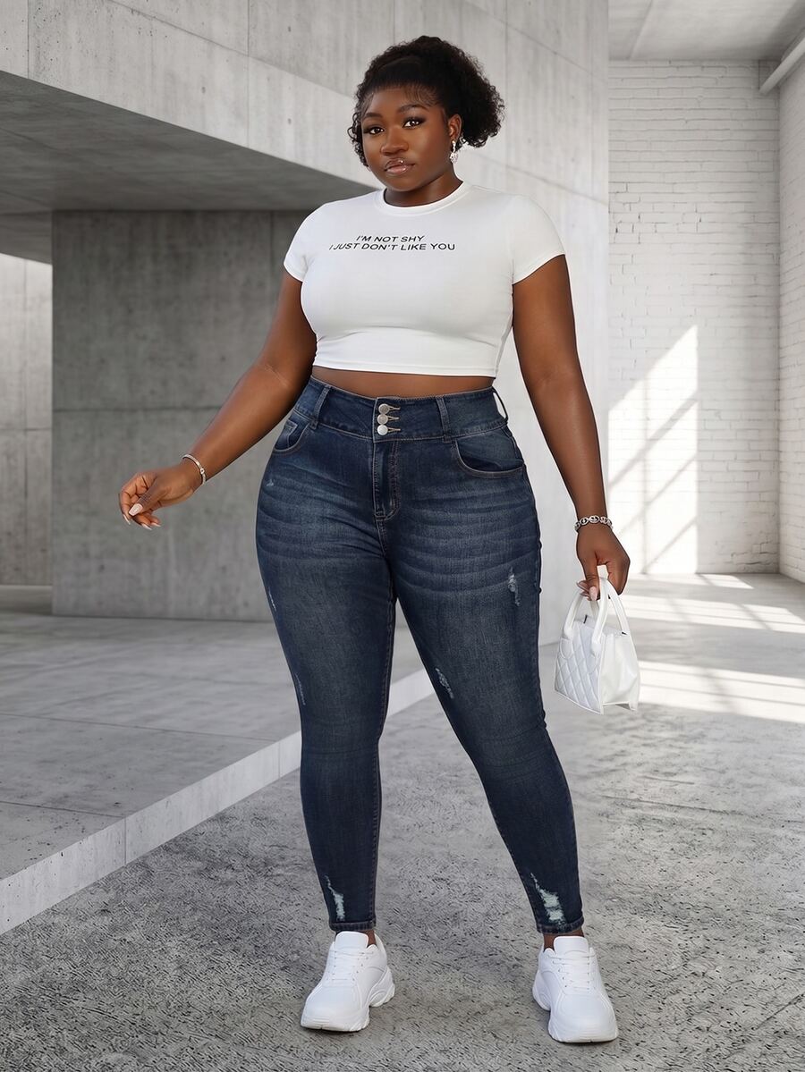 CurvyTilda Plus Size Casual Distressed Skinny Fit Denim Jeans