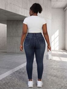 CurvyTilda Plus Size Casual Distressed Skinny Fit Denim Jeans - Dark Wash - View 4