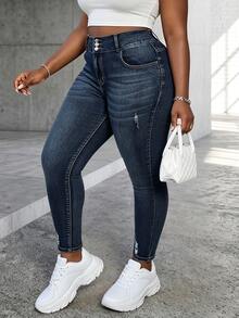 CurvyTilda Plus Size Casual Distressed Skinny Fit Denim Jeans - Dark Wash - View 3