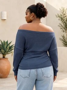 CurvyTilda Navy Blue Off-Shoulder Ruched Waist Plus Size T-Shirt Fall - Navy Blue - View 4