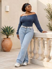 CurvyTilda Navy Blue Off-Shoulder Ruched Waist Plus Size T-Shirt Fall - Navy Blue - View 3