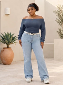 CurvyTilda Navy Blue Off-Shoulder Ruched Waist Plus Size T-Shirt Fall - Navy Blue - View 2