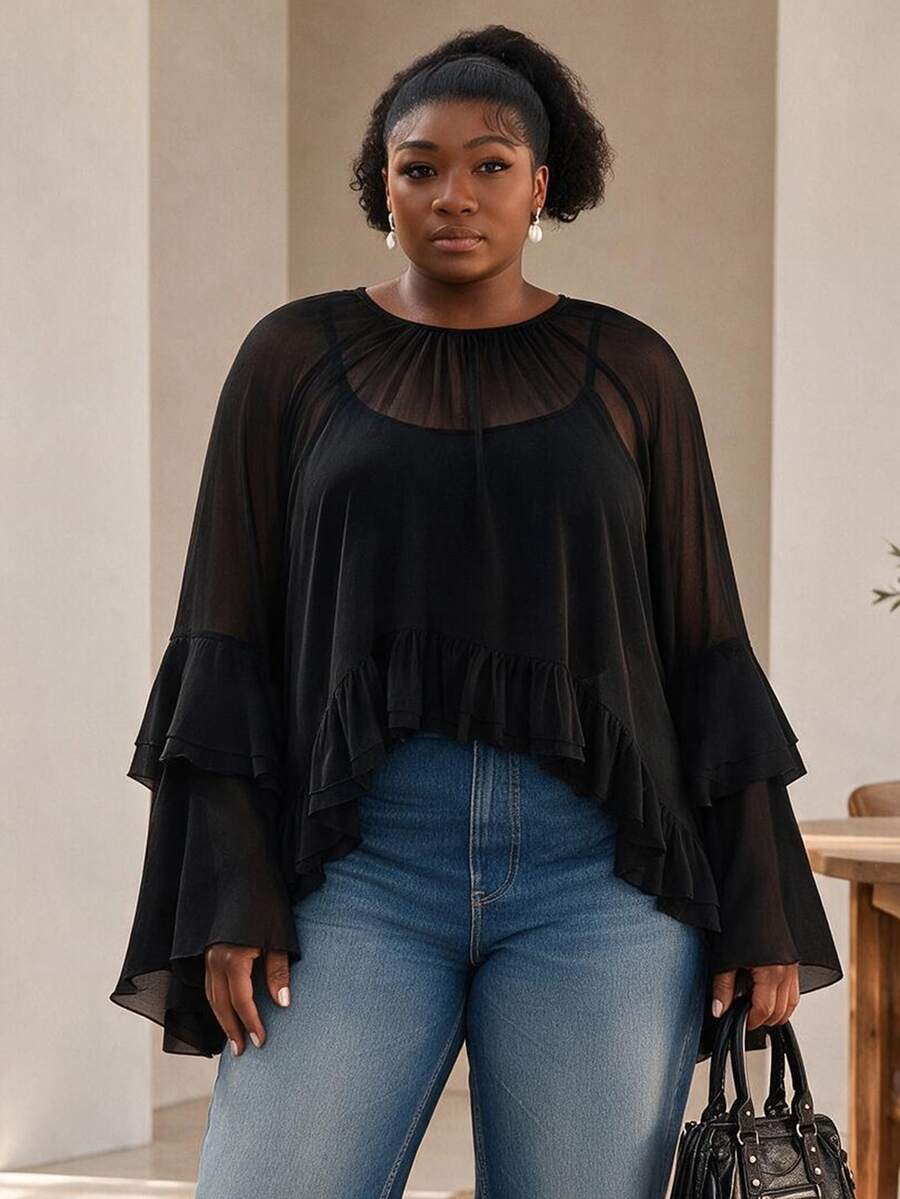 CurvyTilda Plus Size Women's See-Through Chiffon Blouse, Ruffled Bell Sleeve Sheer Top, Y2K Gothic Style Party Casual Shirt Fall - Black - View 1