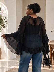 CurvyTilda Plus Size Women's See-Through Chiffon Blouse, Ruffled Bell Sleeve Sheer Top, Y2K Gothic Style Party Casual Shirt Fall - Black - View 2