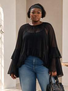 CurvyTilda Plus Size Women's See-Through Chiffon Blouse, Ruffled Bell Sleeve Sheer Top, Y2K Gothic Style Party Casual Shirt Fall - Black - View 4