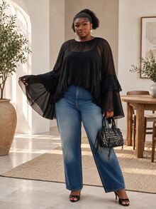 CurvyTilda Plus Size Women's See-Through Chiffon Blouse, Ruffled Bell Sleeve Sheer Top, Y2K Gothic Style Party Casual Shirt Fall - Black - View 3
