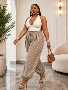 CurvyTilda Celana Plus Curve Pinggang Tinggi Model Balon Longgar Ukuran Besar Motif Kotak-kotak Cuaca Hangat Musim Panas Kantor Acara Pesta Liburan Pantai Konser Bandara Musim Gugur - MultiWarna - View 1