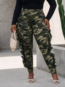 CurvyTilda Plus Size Camouflage Ruffle Hem High Waist Stretchy Fashionable Leggings Fall - Multicolor - View 3