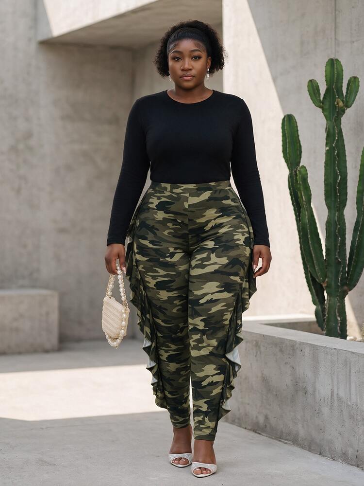 CurvyTilda Plus Size Camouflage Ruffle Hem High Waist Stretchy Fashionable Leggings Fall - Multicolor - View 1
