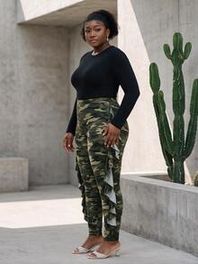 CurvyTilda Plus Size Camouflage Ruffle Hem High Waist Stretchy Fashionable Leggings Fall - Multicolor - View 4