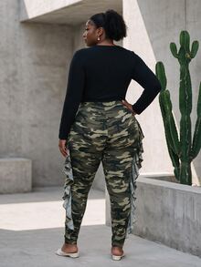 CurvyTilda Plus Size Camouflage Ruffle Hem High Waist Stretchy Fashionable Leggings Fall - Multicolor - View 5