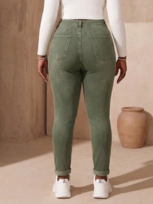 CurvyTilda 大码深色水洗高弹紧身牛仔裤 女士夏季服装 节日服装 休闲牛仔裤 - 軍綠色 - 查看 4