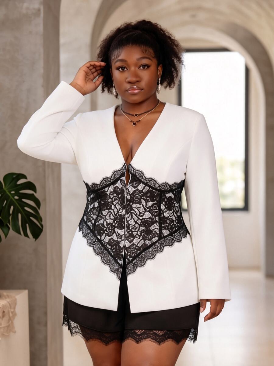 CurvyTilda Plus Size White & Black Lace Patchwork Regular Fit Blazer,Black Lace-Trimmed White V-Neck Blazer, Perfect For Romantic Dates Or Cocktail Parties; - Black and White - View 1