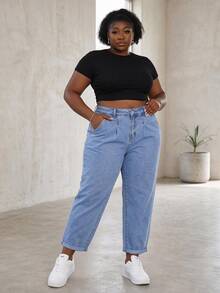 CurvyTilda Plus Size Solid Color Insert Pocket Casual Loose Fitting Jeans - Medium Wash - View 1