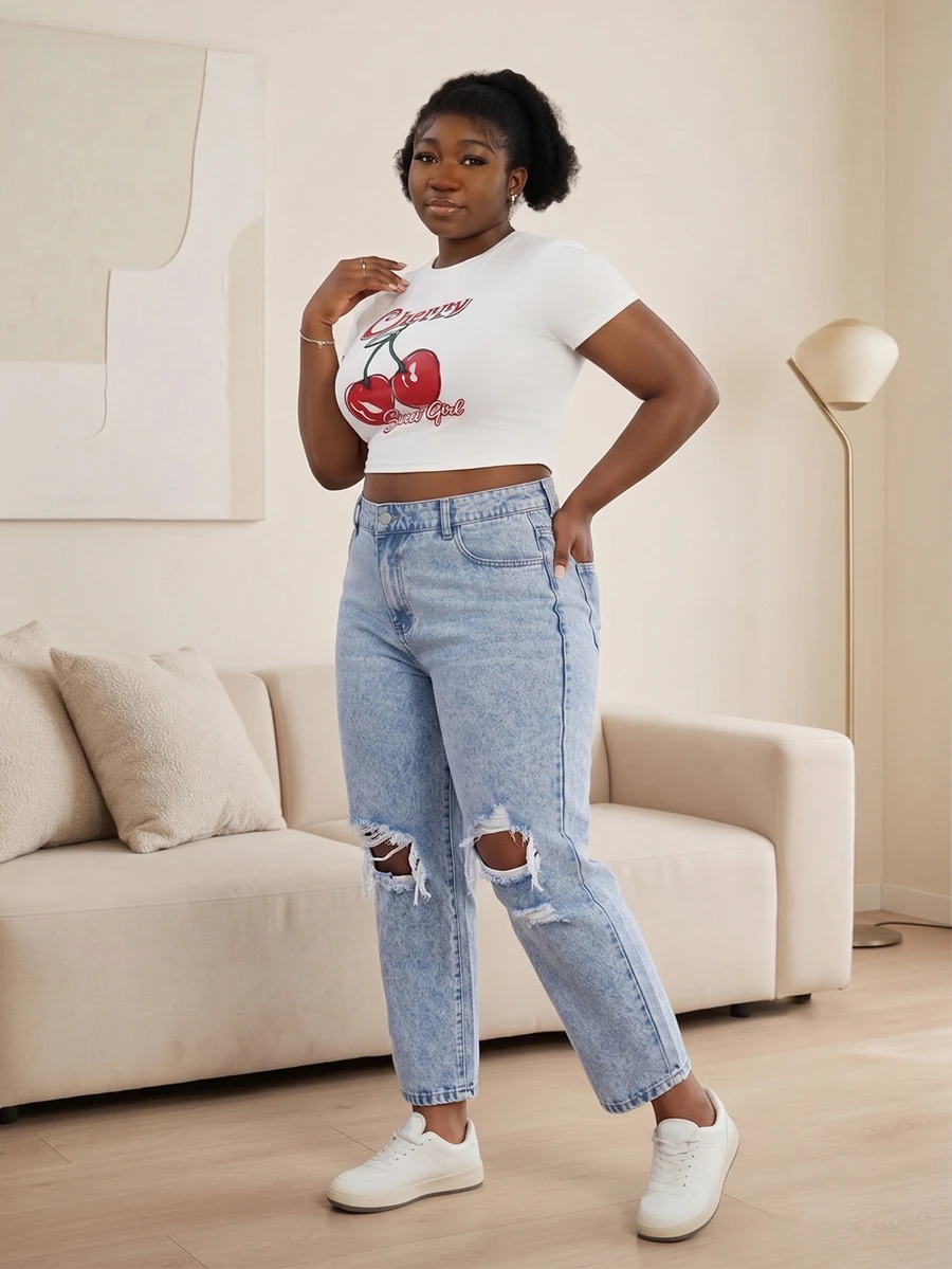 CurvyTilda Celana Jeans Crop Top Longgar Sobek Meruncing Ukuran Besar, Biru
