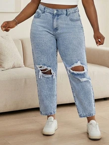 CurvyTilda Celana Jeans Crop Top Longgar Sobek Meruncing Ukuran Besar, Biru - Light Wash - View 3