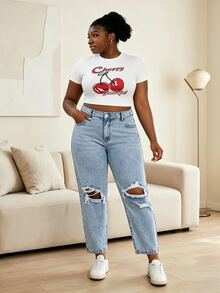 CurvyTilda Celana Jeans Crop Top Longgar Sobek Meruncing Ukuran Besar, Biru - Light Wash - View 5