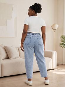 CurvyTilda Celana Jeans Crop Top Longgar Sobek Meruncing Ukuran Besar, Biru - Light Wash - View 4