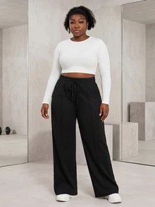 CurvyTilda Plus Size Women Casual Loose Straight Leg Pants Fall - Black - View 1