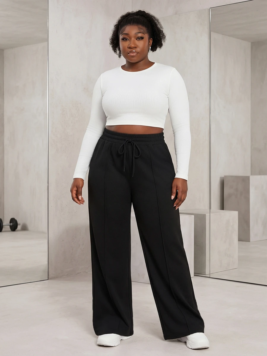 CurvyTilda Plus Size Women Casual Loose Straight Leg Pants Fall - Black - View 1