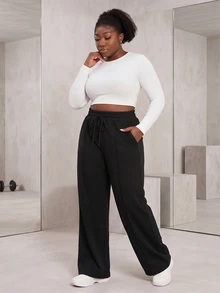 CurvyTilda Plus Size Women Casual Loose Straight Leg Pants Fall - Black - View 4