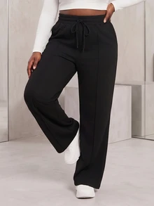 CurvyTilda Plus Size Women Casual Loose Straight Leg Pants Fall - Black - View 2