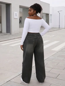 CurvyTilda جينز كاجوال نسائي واسع الحجم بخمسة جيوب وأزرار أمامية بنجمة - رمادي غامق - مشاهدة 3