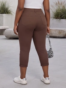CurvyTilda بنطلون جينز أبيض مطاطي ضيق قصير للنساء مقاس كبير - بني - مشاهدة 3