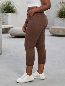 CurvyTilda بنطلون جينز أبيض مطاطي ضيق قصير للنساء مقاس كبير - بني - مشاهدة 4