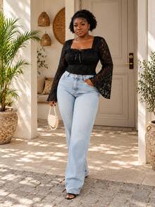 CurvyTilda Plus Size Women Casual Pockets Button Fly Versatile Daily Wear Denim Jeans - Light Wash - View 1