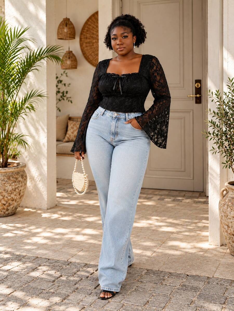 CurvyTilda Plus Size Women Casual Pockets Button Fly Versatile Daily Wear Denim Jeans - Light Wash - View 1