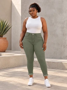 CurvyTilda Plus Size Women Blue Classic Fashion Skinny Jeans - Army Green - View 3