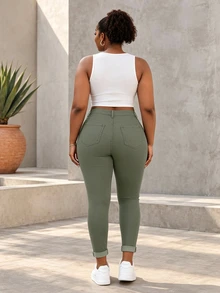 CurvyTilda Plus Size Women Blue Classic Fashion Skinny Jeans - Army Green - View 4