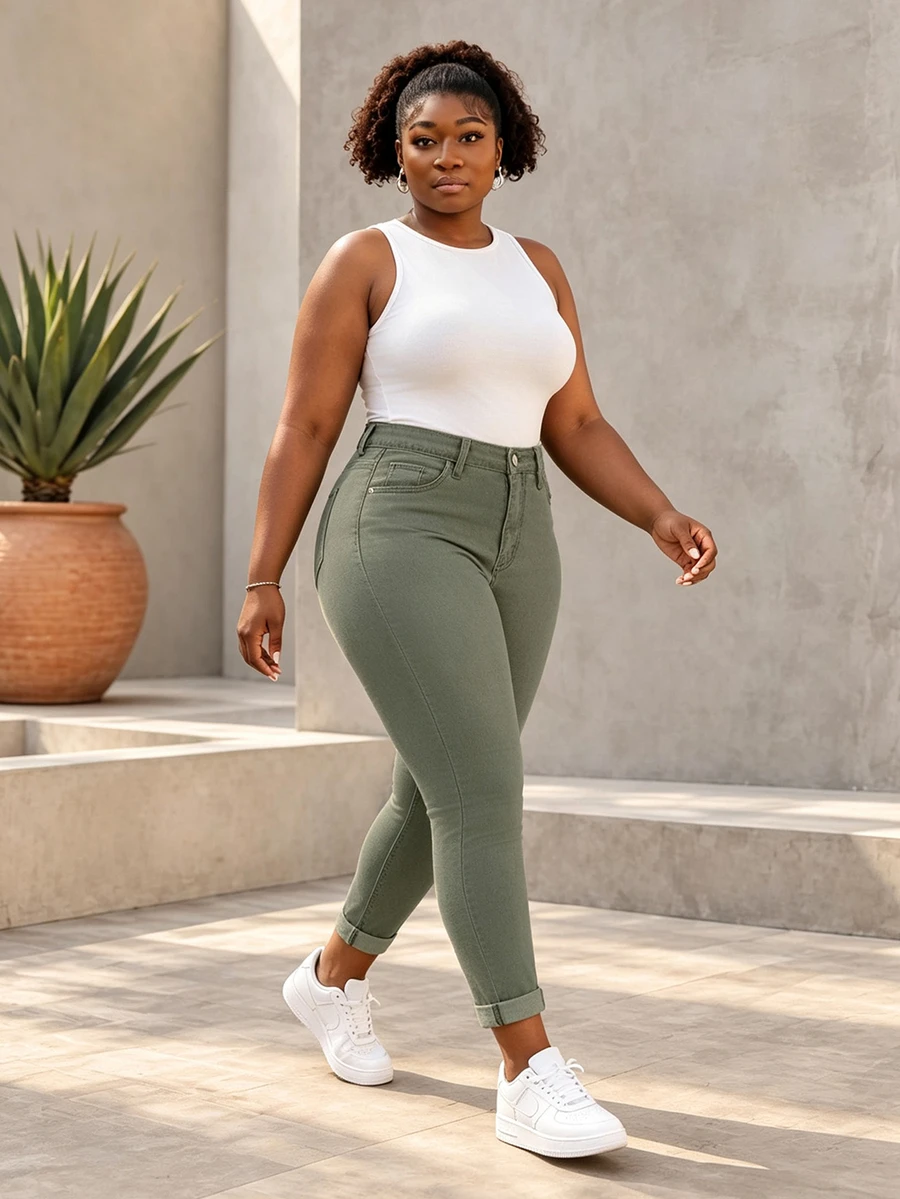 CurvyTilda Plus Size Women Blue Classic Fashion Skinny Jeans - Army Green - View 1