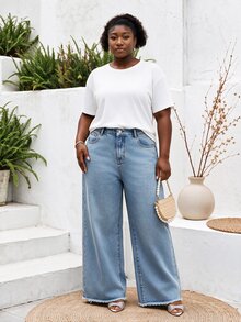CurvyTilda Light Wash Distressed Wide Leg Long Jeans, Suitable For Tall Women, Plus Size, Spring/Summer - Light Wash - View 1