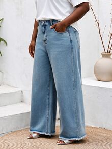 CurvyTilda Light Wash Distressed Wide Leg Long Jeans, Suitable For Tall Women, Plus Size, Spring/Summer - Light Wash - View 2