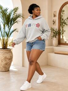 CurvyTilda Plus Size Autumn Casual Embroidered Drawstring Loose Hooded Sweatshirt Fall Winter - Grey - View 3
