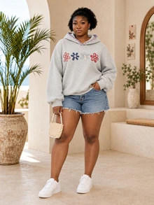 CurvyTilda Plus Size Autumn Casual Embroidered Drawstring Loose Hooded Sweatshirt Fall Winter - Grey - View 2