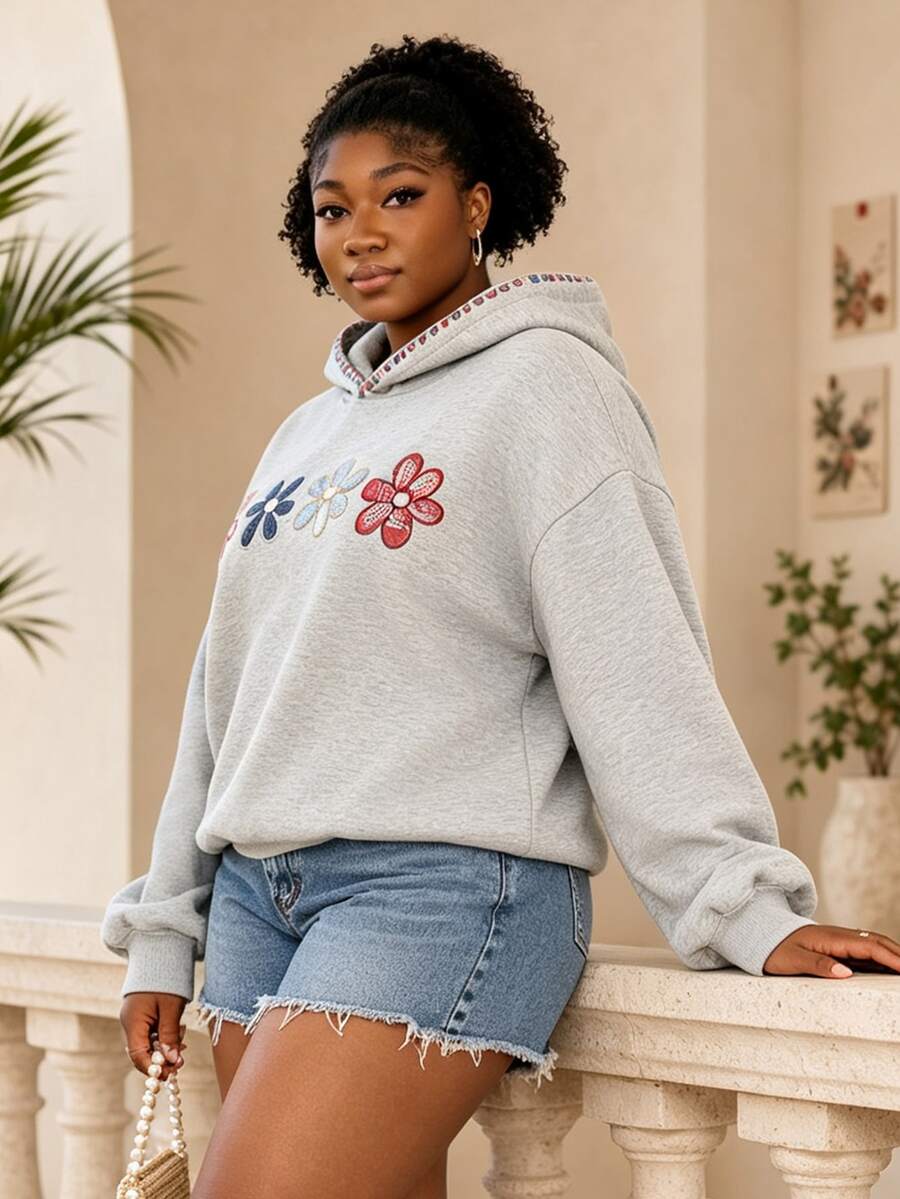 CurvyTilda Plus Size Autumn Casual Embroidered Drawstring Loose Hooded Sweatshirt Fall Winter - Grey - View 1