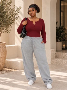 CurvyTilda Partial Zip-Up Elastic Fitted Solid Color Versatile Long Sleeve Black T-Shirt, Spring/Summer/Autumn - Red - View 2
