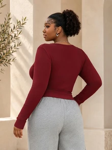 CurvyTilda Partial Zip-Up Elastic Fitted Solid Color Versatile Long Sleeve Black T-Shirt, Spring/Summer/Autumn - Red - View 4