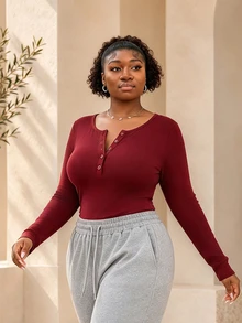 CurvyTilda Partial Zip-Up Elastic Fitted Solid Color Versatile Long Sleeve Black T-Shirt, Spring/Summer/Autumn - Red - View 1
