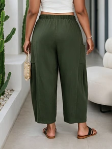 CurvyTilda 大尺碼寬鬆抽繩休閒傳統優雅短長褲 度假海灘 軍綠色 秋冬 - 軍綠色 - 查看 4