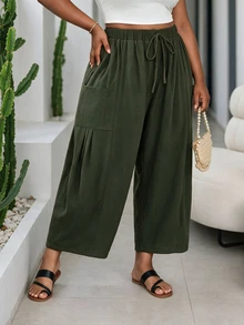 CurvyTilda 大尺碼寬鬆抽繩休閒傳統優雅短長褲 度假海灘 軍綠色 秋冬 - 軍綠色 - 查看 2
