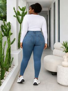 CurvyTilda 大码女式修身紧身牛仔裤 - 霧霾藍 - 查看 4
