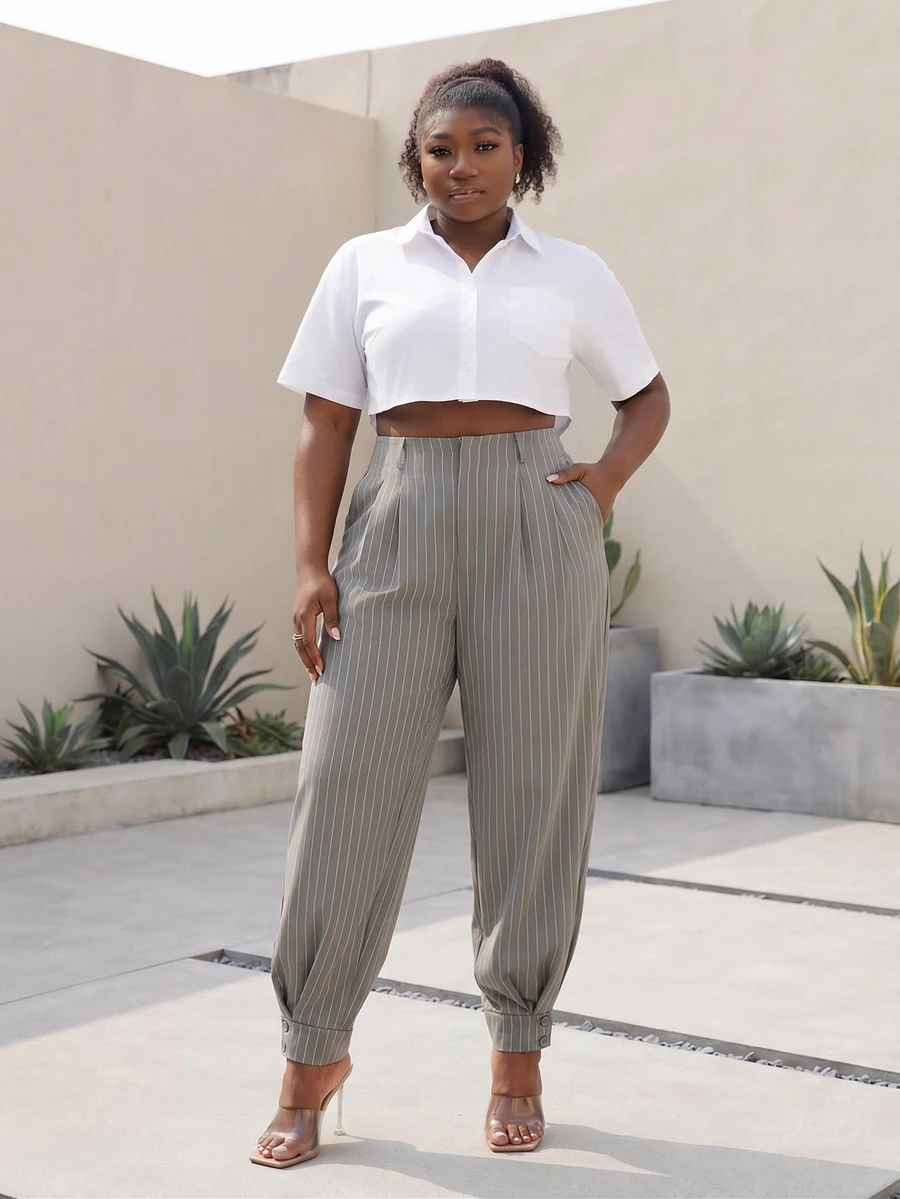 CurvyTilda Plus Size Women's Striped High Waist Pleated Cuffed Pants With Pockets - Khaki - View 1